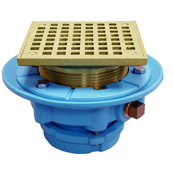 2in No Caulk Mechanical Joint Code Blue Floor Drain, 7in Pan, 6in Polished Brass Square Strainer